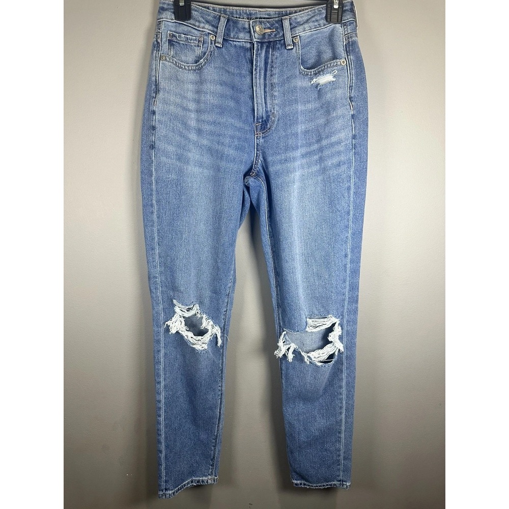 American Eagle Comfort Stretch Waistband Mom Jean Distressed Blue Women's 2-Long